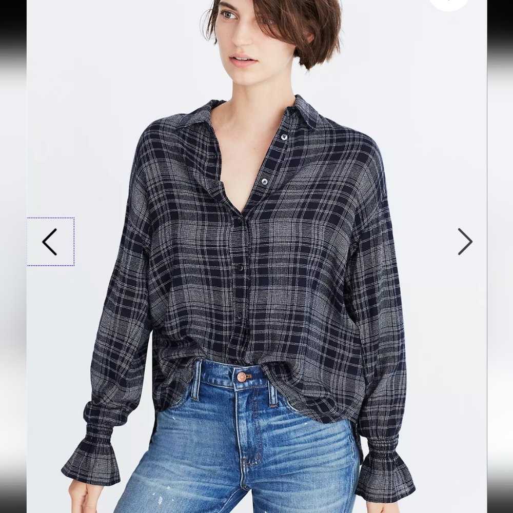 Madewell West Ward Blue Plaid Bell Sleeve | Small